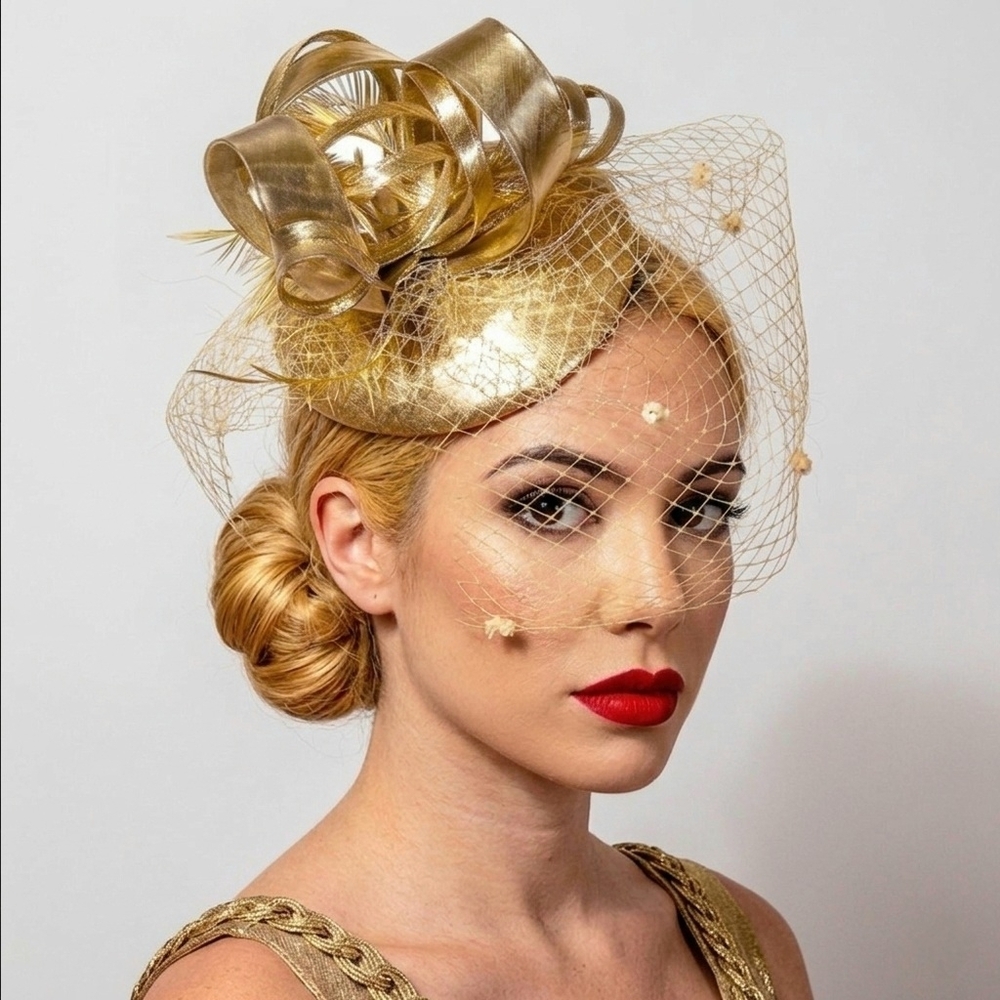 Gold Gorgeous 3PC Veiled Fascinator Kentucky Derby Preakness Church Wedding Tea - Picture 2 of 7